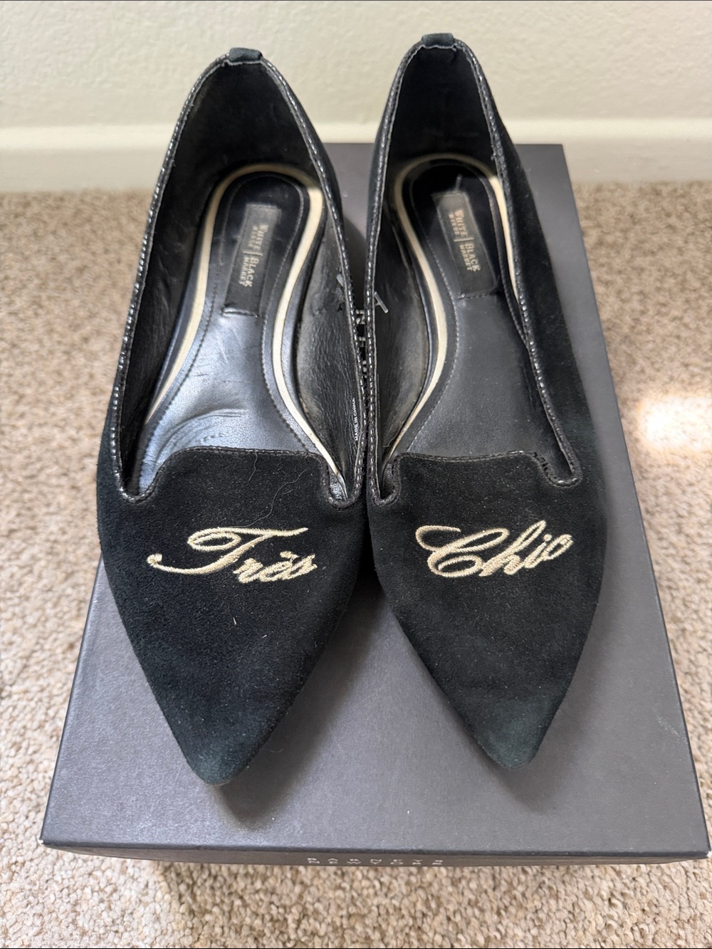 White House Black Market Black Pointed Suede Flats with 'Très Chic' Embroidery